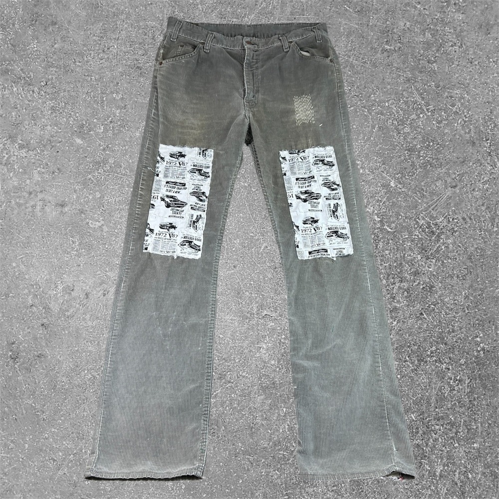 Vintage 70s Corduroy Pants Mens 34x34 Grey Sashiko Car Patchwork Scovill Roebuck
